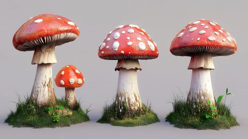 Four stylized red mushrooms stand on grassy patches in a row