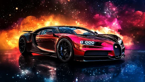 Red hypercar rendered against bright cosmic nebula backdrop.
