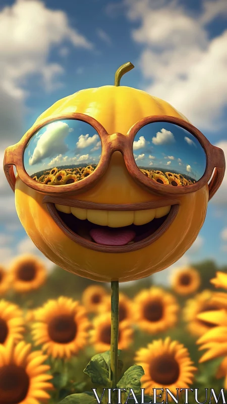 Sunny pumpkin face grinning wide in a glowing sunflower field.