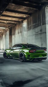 Green muscle sedan under brutalist concrete overpass.