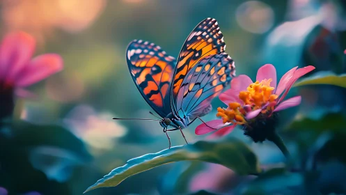 Gentle butterfly resting on blossoms in dreamy garden light.