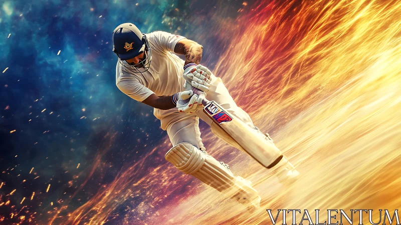 Cricketer driving shot amid dynamic abstract flames.
