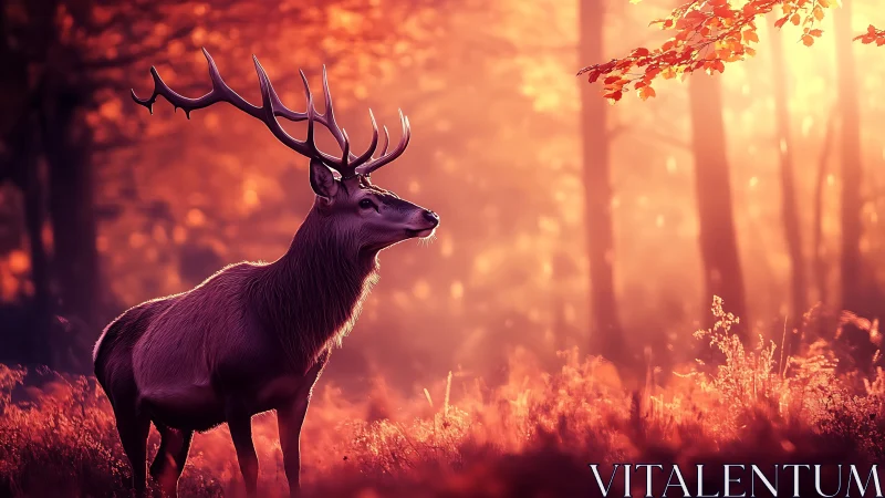 Golden forest stag pauses gently in glowing autumn light