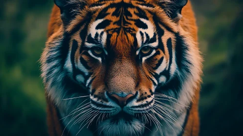 Intense tiger portrait under moody teal forest light.