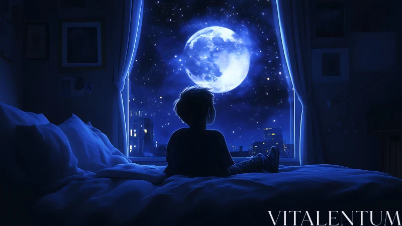 Child staring at bright full moon through bedroom window.