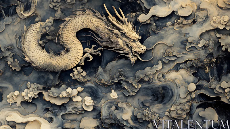 Golden celestial dragon coils through stormy ink clouds
