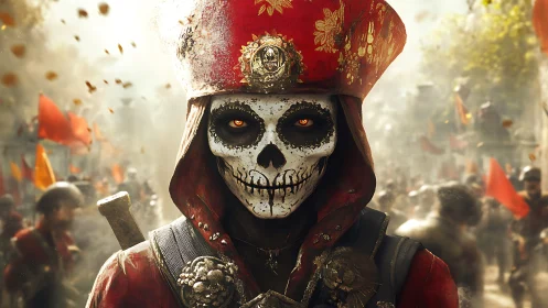Masked skeletal figure in ornate red uniform amid parade crowd.