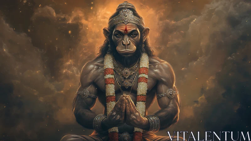 Divine simian warrior sits in meditative prayer amid clouds