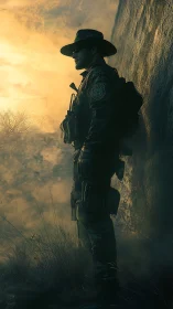 Armed patrol figure in side profile against textured wall.