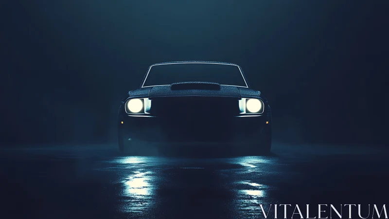 Nocturnal muscle car frontal silhouette under cinematic backlight.
