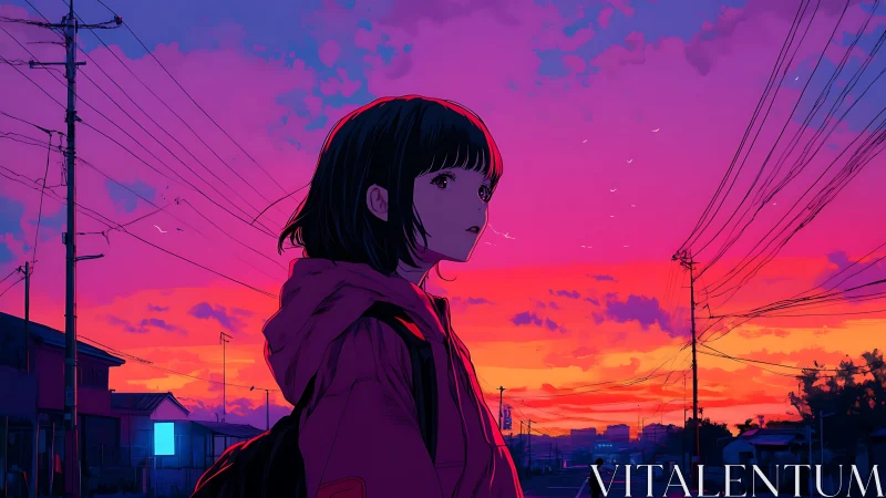 Solitary schoolgirl watches neon sunset over quiet suburb.