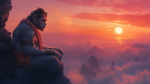 Divine simian figure in meditative profile above cloud cliffs.