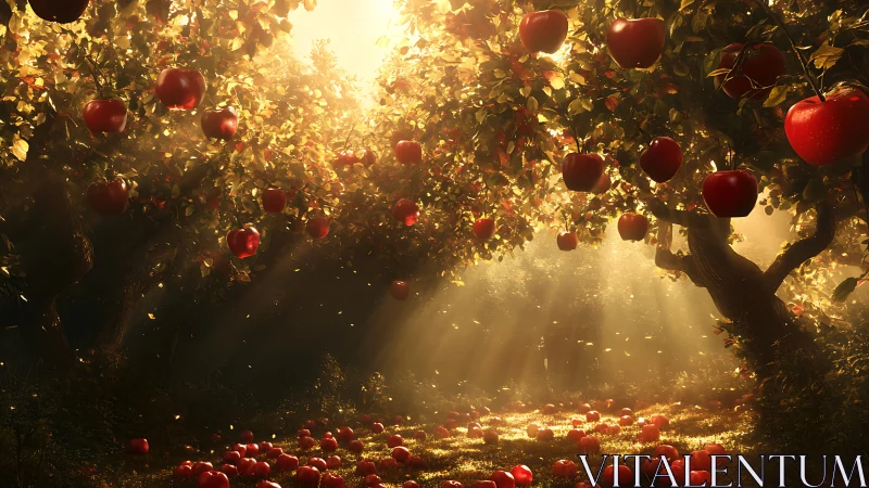 Sunlit orchard dream where ruby apples drift like wishes.