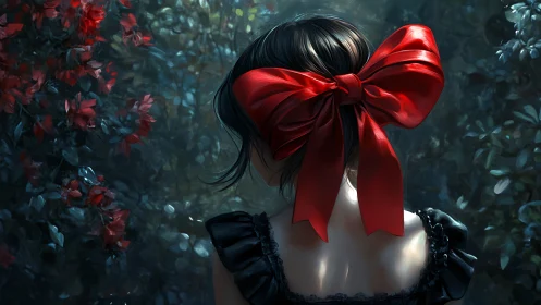 Girl with red bow in moody backlit forest environment.