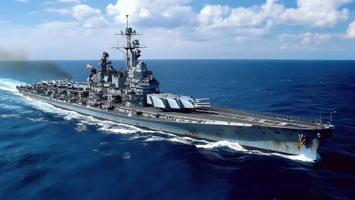 Large gray battleship underway on open ocean surface.