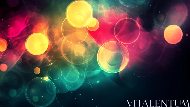 Multicolored circular light forms on dark abstract background.