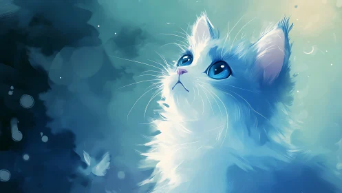 Whimsical Cyan Kitten: Luminous Blue-Eyed Reverie.