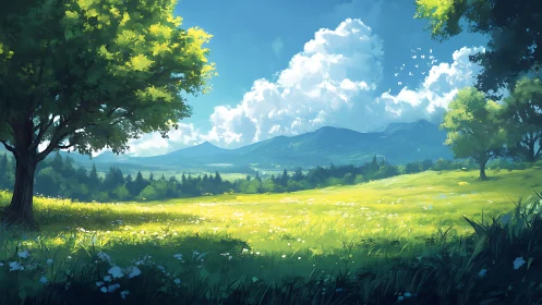 Sunlit meadow stretches toward distant cobalt mountains.