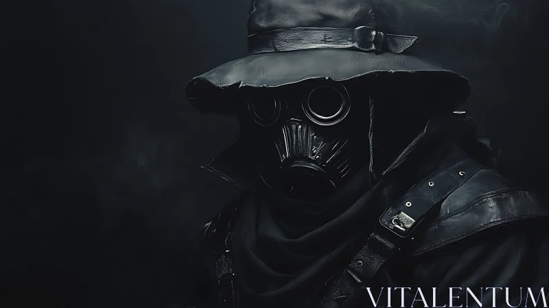 Shadowed wanderer in a gas mask waits in quiet darkness