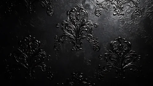Embossed black damask motifs form a repeating surface pattern