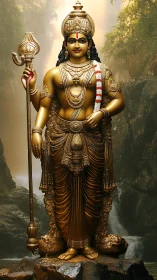 Golden standing deity statue in detailed forest setting.
