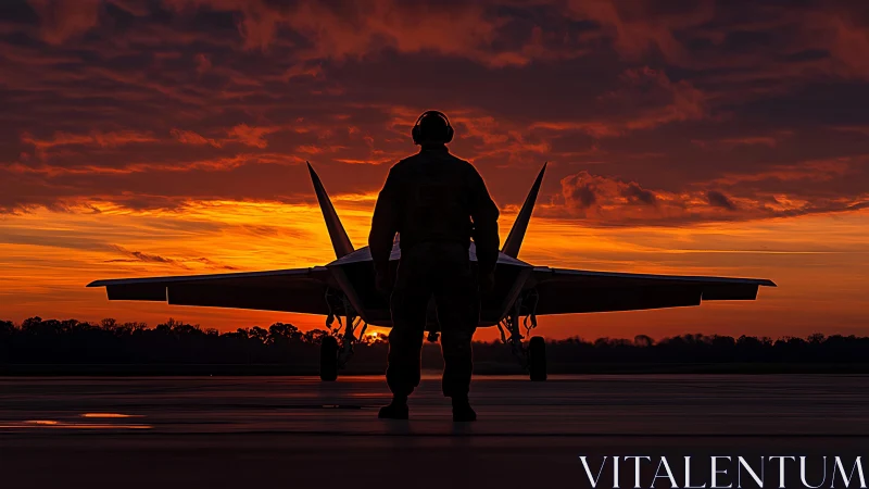 Silhouetted ground crew member stands before jet at sunrise