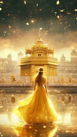 Golden temple dreamscape with luminous robed wanderer.