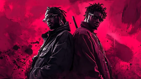 Urban duo stand back to back in bold neon magenta haze.