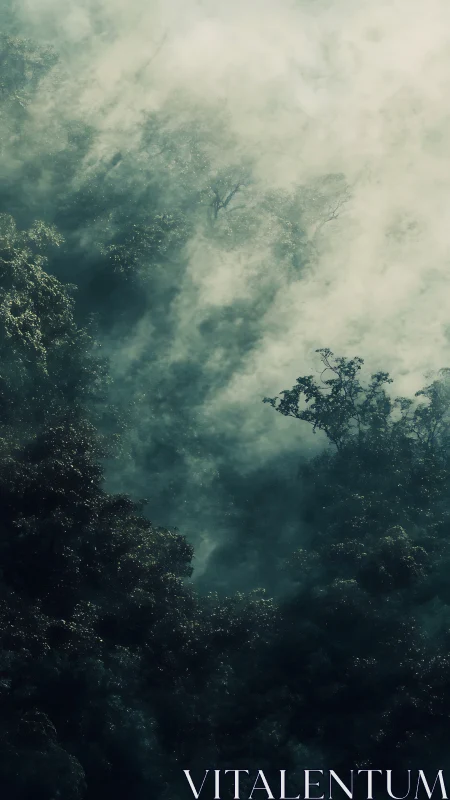 Emerald canopy swallowed by wandering mountain mist.
