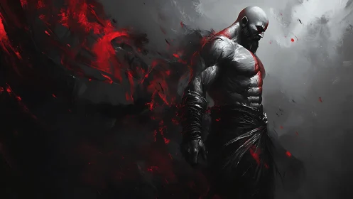 Warrior silhouette in monochrome smoke with red energy.