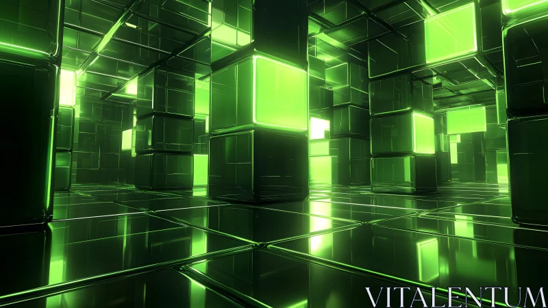 Futuristic glowing green glass cube room in digital art style. Futuristic glowing green glass cube room in digital art style.