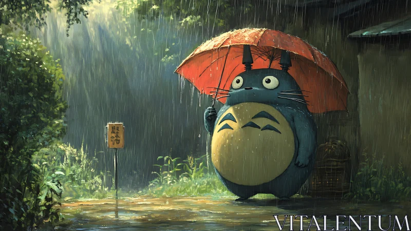 Large forest creature holding umbrella in heavy rain scene.
