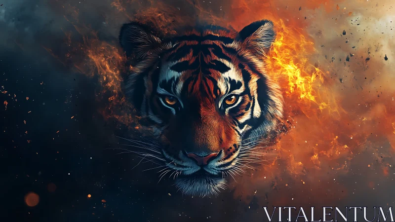 Fierce tiger face emerging from swirling fire and shadow.