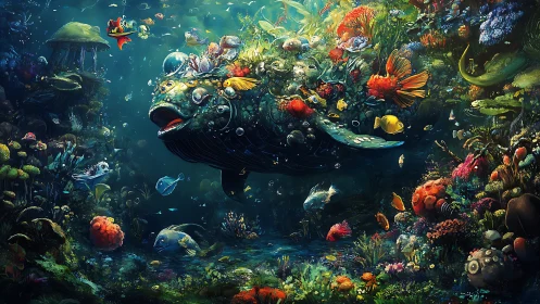 Giant fantasy fish carrying colorful reef world undersea.