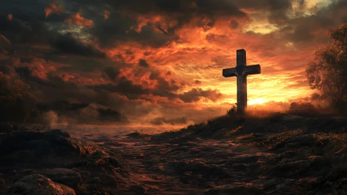 Stone cross overlooks stormy sunset over rugged valley.