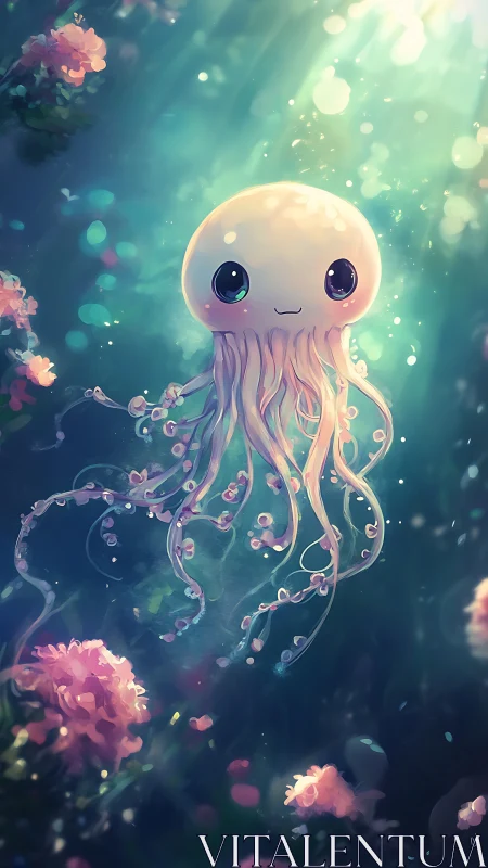 Cute bioluminescent jellyfish drifts in stylized aquatic light field