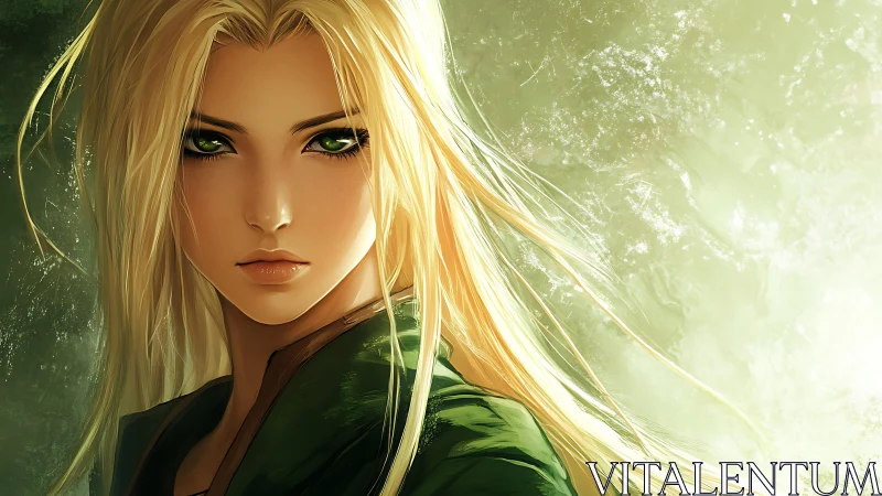 Intense green-eyed heroine rendered in luminous anime portrait