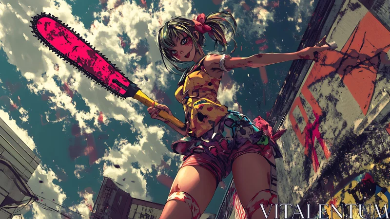 Chainsaw daydream girl slices through a crumbling city sky