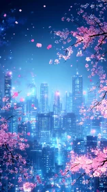 Neon city skyline glows behind drifting cherry blossoms at night