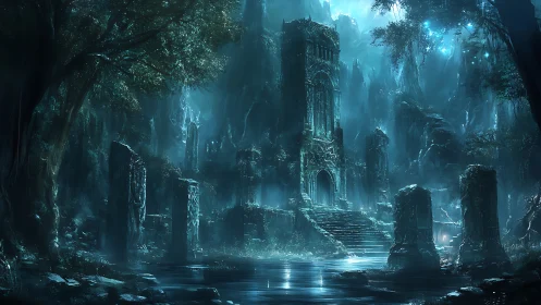 Ruined stone temple in bioluminescent forest under blue volumetric haze