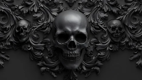 Baroque midnight skulls entangled in swirling gothic leaves.