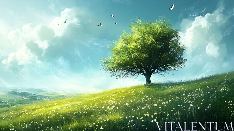 Sunlit hillside daydream with a quiet, sheltering tree.