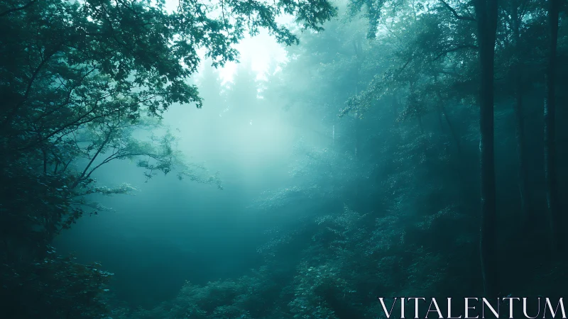 Misty Forest Canopy Bathed in Ethereal Teal Light.