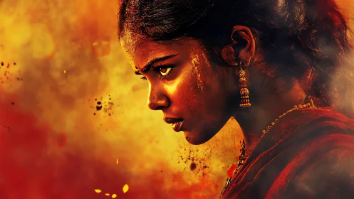 Intense side portrait of young woman in fiery tones.