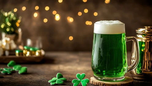 Green beer glass glows under warm festive bokeh lights.