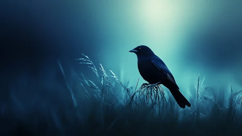 Dark Raven Perched Among Twilight Reeds: Atmospheric Digital Study.