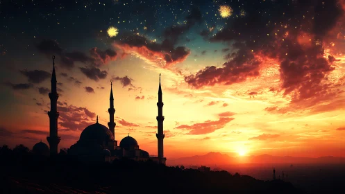 Digital painting mosque skyline under radiant sunset sky.