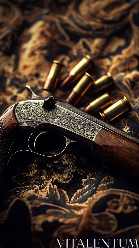 Ornate engraved pistol with brass cartridges on baroque textile