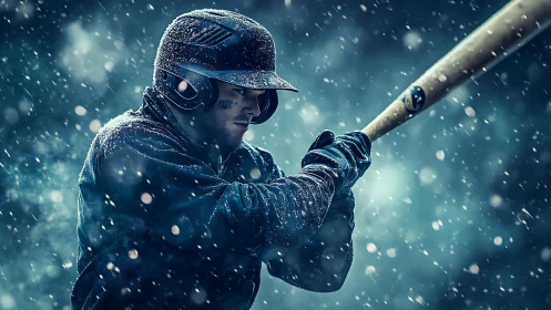 Baseball player batting in heavy winter snowfall.