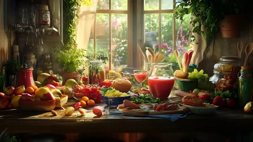 Sunlit kitchen worktable displays assorted fresh produce